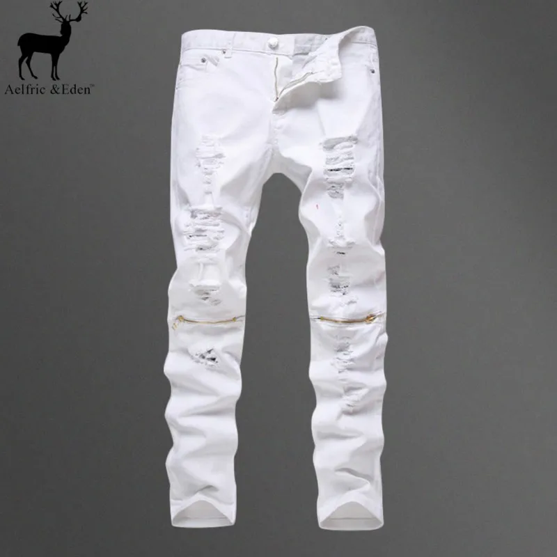 Aelfric Eden NEW Fear of God Men Jeans White Hole Hip Hop Denim Pants