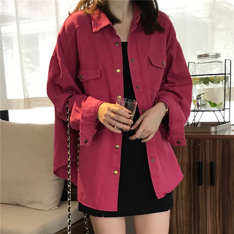 

2 colors Women's casual Jean Coats 2018 spring autumn Women Denim Jacket Red Long Sleeve Loose Female Girls Outwear (K680)