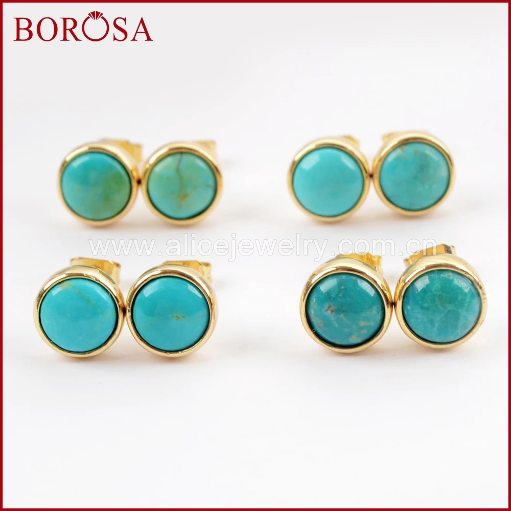 

BOROSA Wholesales Fashion 5 pair Round Gold Color Bezel Blue Natural Turquoises Druzy Stud Earrings For Women ZG0258