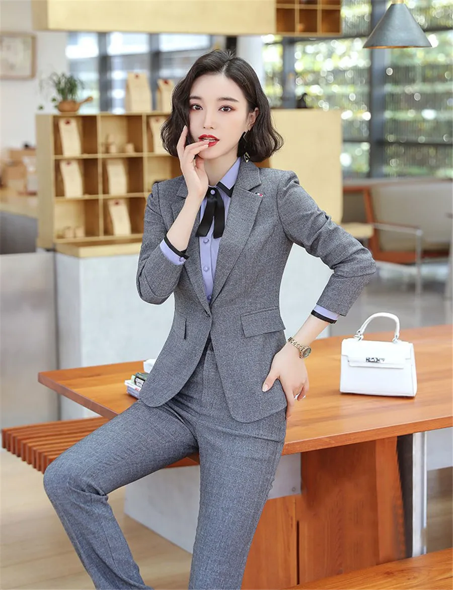 Autumn New gray Business interview women pants suits work office lady long sleeve slim Formal blazer and pants set plus size