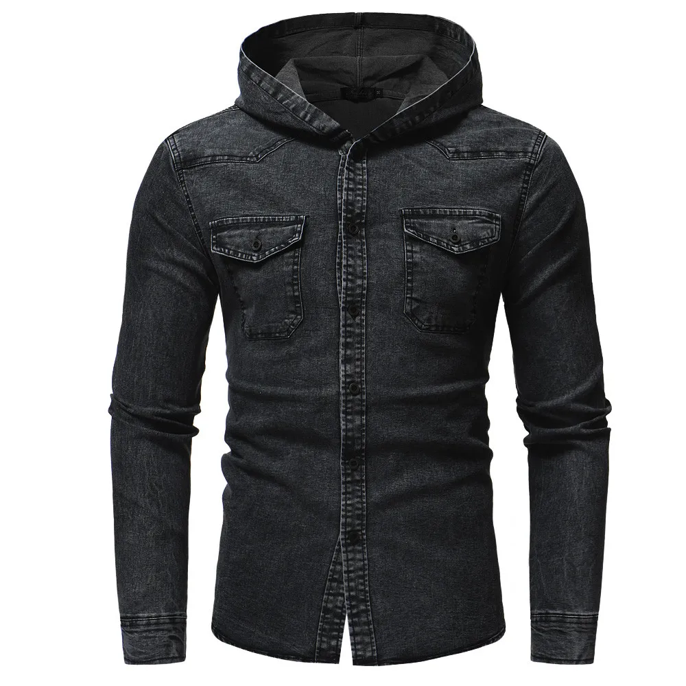 

FeiTong Man Jacket 2018 Autumn Winter Hooded Button Vintage Distressed Demin Hoodie Tops windbreaker Bomber Jacket and Coat