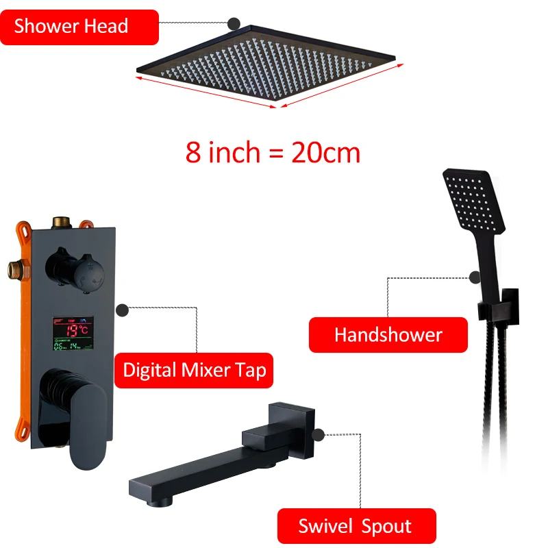 Quyanre 3-сторонний выход черный цифровой смесители для душа набор осадков Насадки для душа Цифровой температурный Дисплей смеситель кран поворотный носик для душа и ванной - Цвет: 8 inch full set