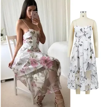 

2019 Summer Women's Sling Voile Midi Dress Casual Sexy Backless Sleeveless Midi Dress Floral Print Elegant A-Line Party Dress