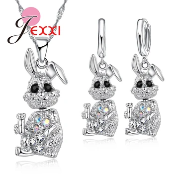 

Fashion Band Crystal Rhinestone Necklace Earring Jewelry Sets Charm 925 Sterling Silver Cartoon Rabbit Jewellery Set