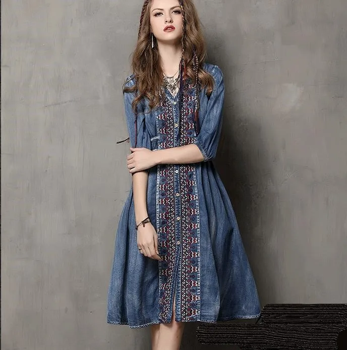 

Boho Style Denim Dress Women Summer V-Neck Half Sleeve Loose Embroidery String Waist Ladies Dress Vestidos