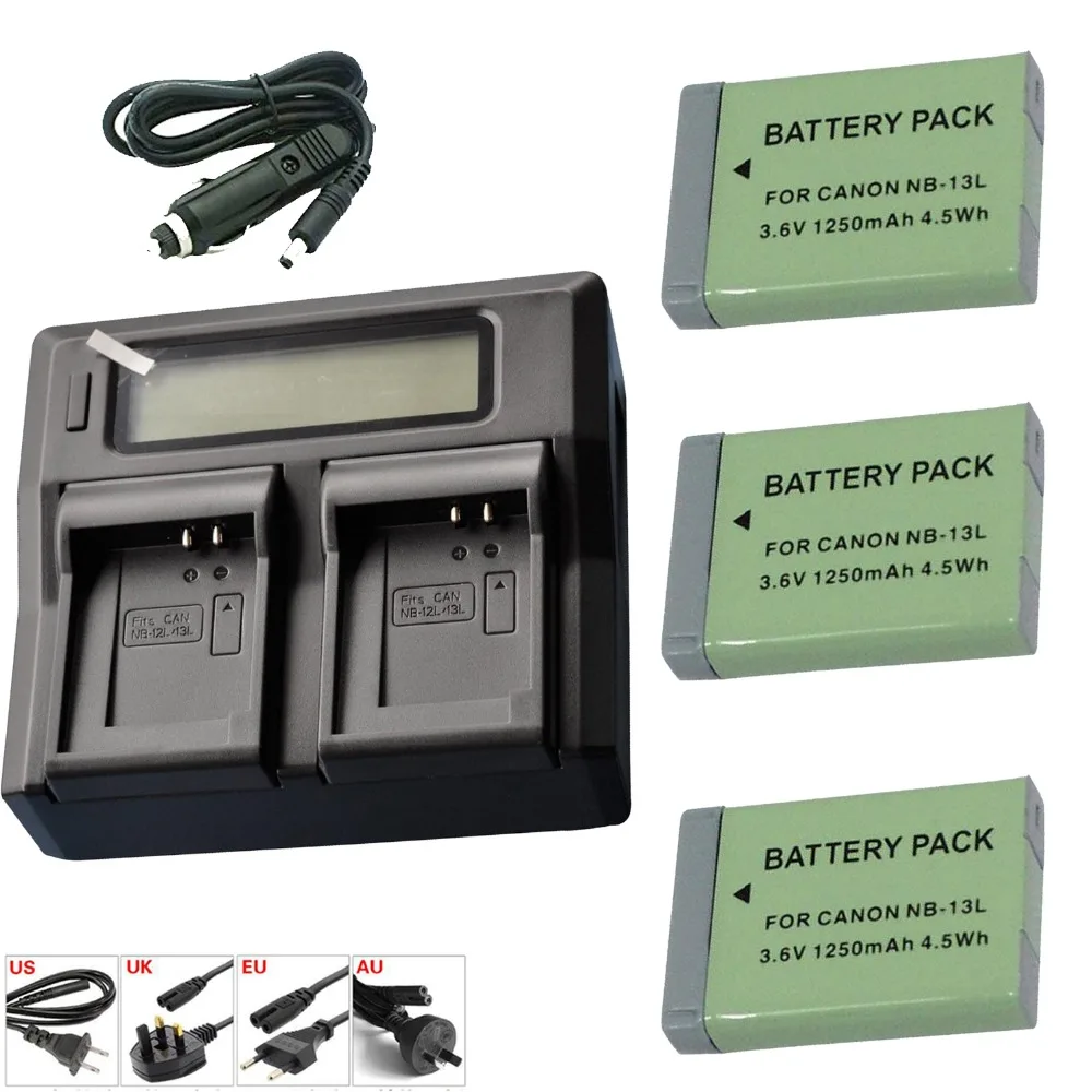 

3pcs 1250mAh NB-13L NB13L Rechargeable Battery With LCD Dual Charger for Canon G5X G7X G7X Mark II G9X SX620 HS SX720 HS Camera