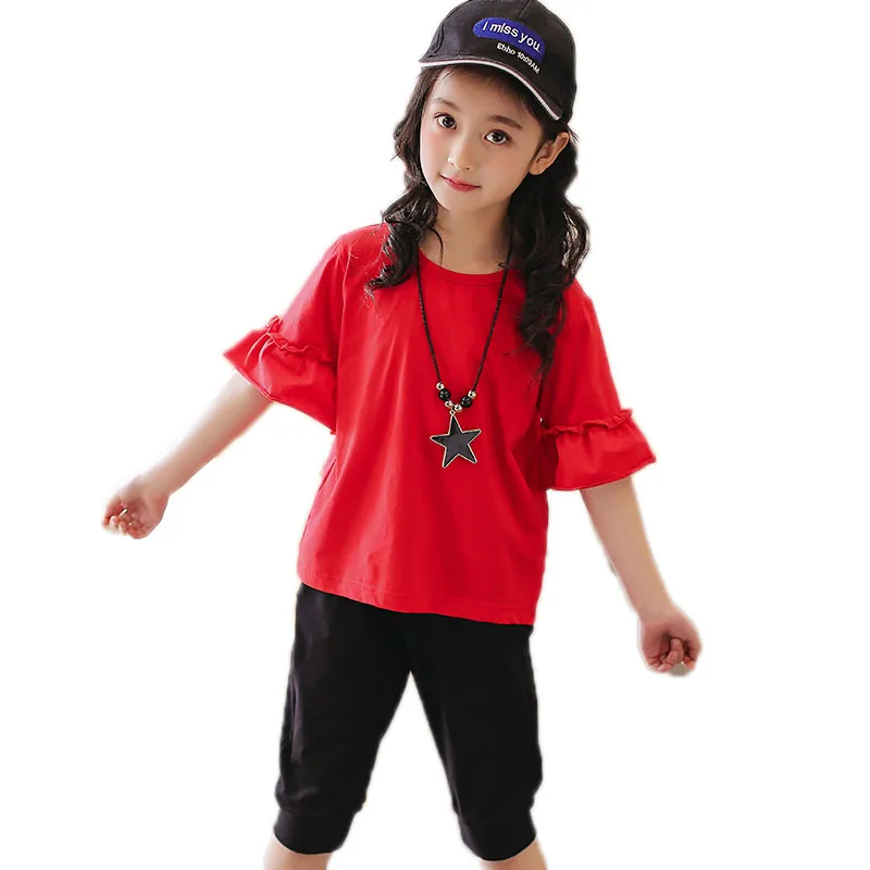 

kids summer clothes top ruffle short sleeve solid tshirt+ shorts 2pcs suit sets girls sport wear children clothing girls outfits