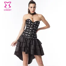 Steampunk Black Skull Pattern Overbust Burlesque Sexy Corset Dress Long Waist Trainer Corsets Steel Boned Gothic Clothing Women