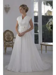 Ruched шифон скромное свадебное платье 2019 одежда с рукавами V образным вырезом Длинные праздничное, Пляжное приём Свадебные платья
