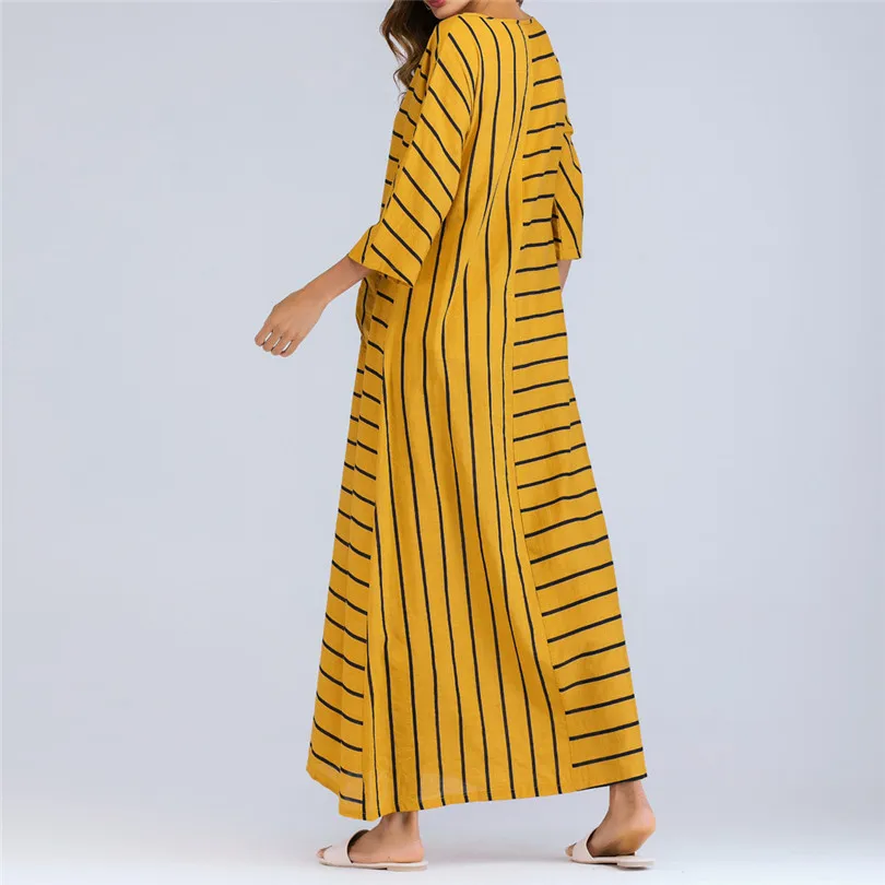   Women Summer 34 Sleeve Casual Brief Fashion Daily Striped Cotton Loose Bohe Long Beach Dress Kaftan Plus Size #4M18 (2)