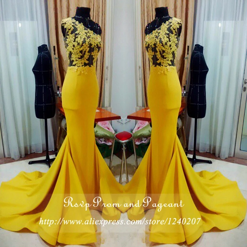 Real Photos Yellow Long Mermaid Prom Dresses 2017 See Through Sheer Lace Top One Shoulder Satin