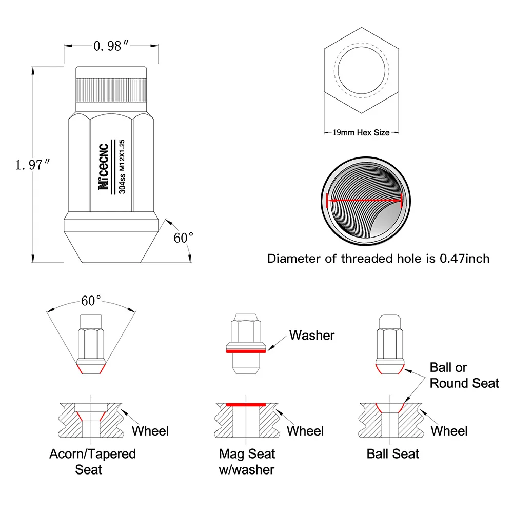 NICECNC 20PCS M12x1.25 Drift Wheel Rim Lugs Nut T304 Stainless Bolt Hellaflush For Nissan Frontier GT-R Juke Pickup Versa Xterra