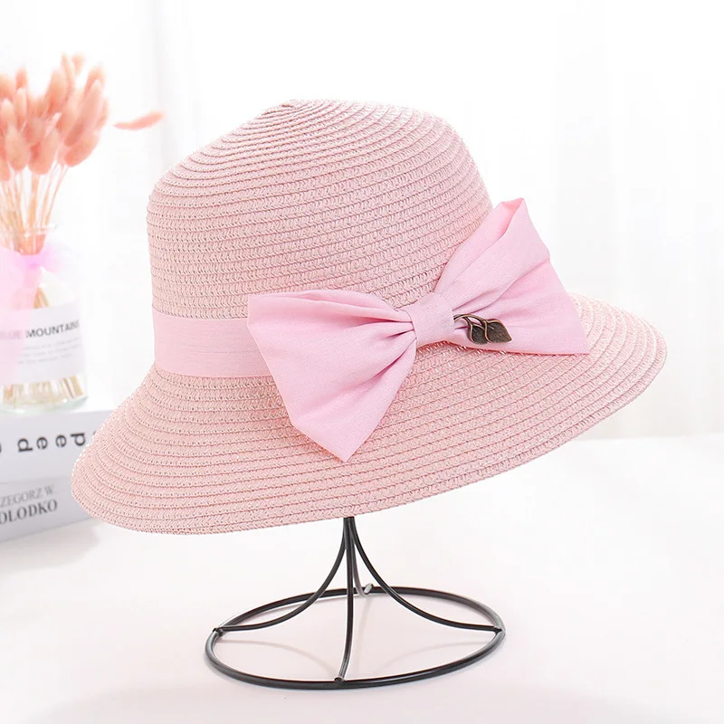 

Korean version summer folding broad eaves sunshade hat Baitao Lady Elegant sweet pot hat fine knitted bow straw hat