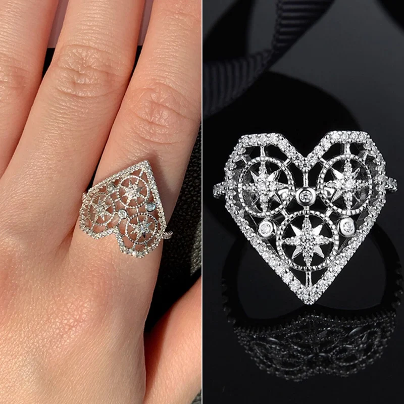 

AAA Quality Fashion Heart Ring Cross Star Hollow Design Micro Pave Premium Zircon Silver Rings Wedding Luxury Jewelry for Women