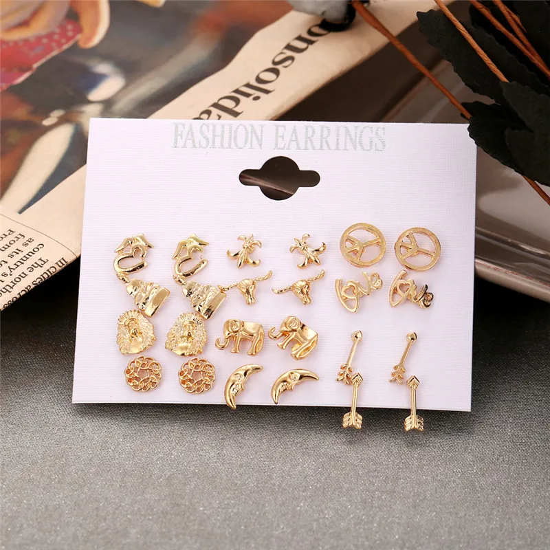 

12 Pairs/Set, New Fashion Women Earrings Creative Multi-element Moon Love Gold Earrings Jewelry Hot Stud Earrings Gifts