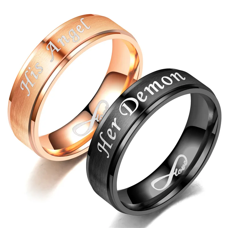 Кольца ее демон его Ангел кольца черные для женщин мужчин нержавеющая сталь Вечная любовь пара колец ювелирные изделия G-077