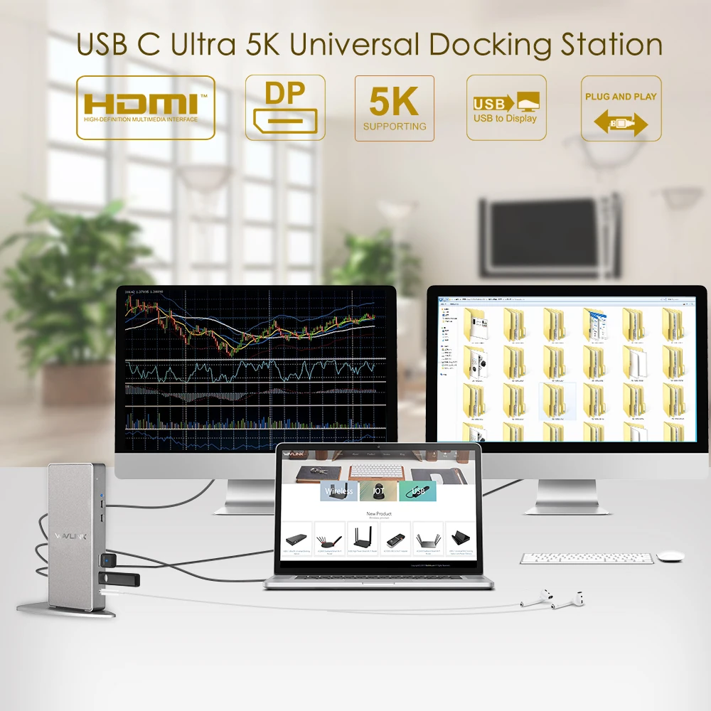 Wavlink док-станция для ноутбука Универсальный USB C HDMI HD несколько дисплей ультра 5 к вертикальный алюминиевый гигабитный Тип C USB3.0 для MAC