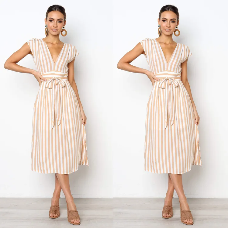 

2019 European and American Temperament Deep V Striped Lace Fashion Dress Female Two-color Summer