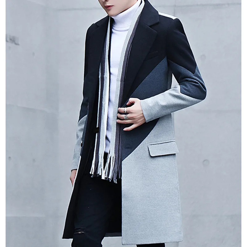 Korean Style Slim Mens Coats Print Overcoats Fashion Casual Winter Dress Coat Mens Plus Size - Цвет: Черный