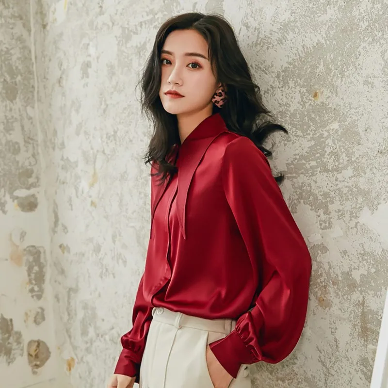 

Women Vintage Satin Silk Long Sleeve Deep Red Casual Shirt Female Streetwear Hip Hop Party Stage Show Loose Blouse Ladies Tops