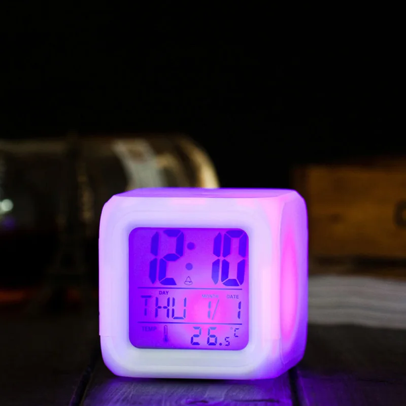 7 LED Colour Changing Digital LCD Alarm Clock Thermometer Date Time