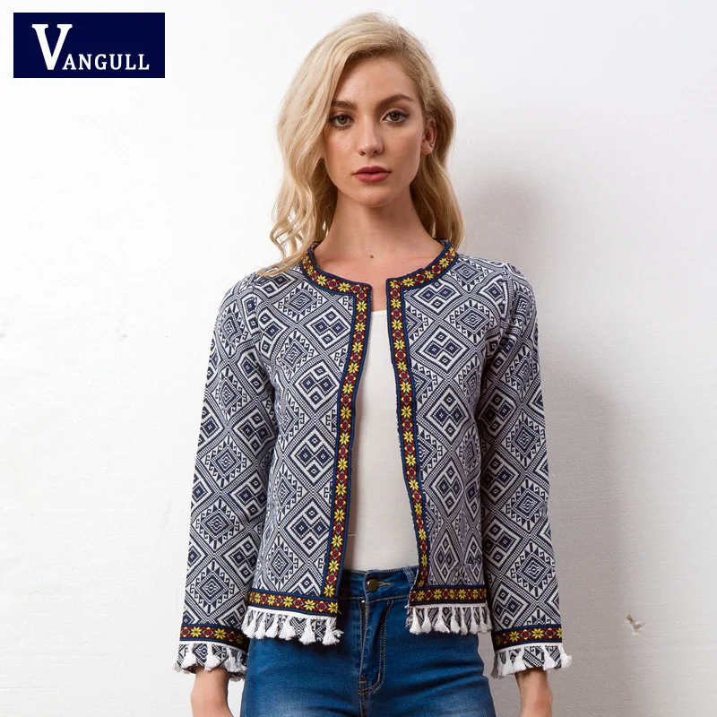 Vangull Tribal Embroidered Jacket Blue Vintage Fringe Tape Trim Women Autumn Coat 2018 Spring Long Sleeve Tassel Boho Jacket