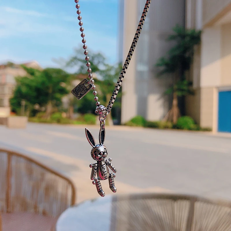 

New Korean Rabbit Rotating Limb 925 Sterling Silver Necklace Animal Bunny Antique Silver Pendant Choker Necklace Women Jewelry
