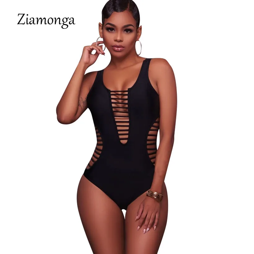 

Ziamonga Summer Hollow Out Skinny Bodysuit Women Solid Sleeveless Rompers Womens Jumpsuit Overalls Sexy Beach Club Wear Playsuit