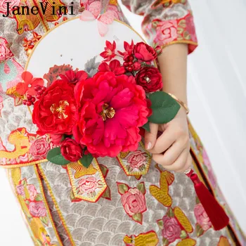 

JaneVini Artificial Red Flowers Wedding Bouquets for Brides Chinese Style Gold Floral Beaded Bridal Fans Bouquet Ramo Novia Rosa