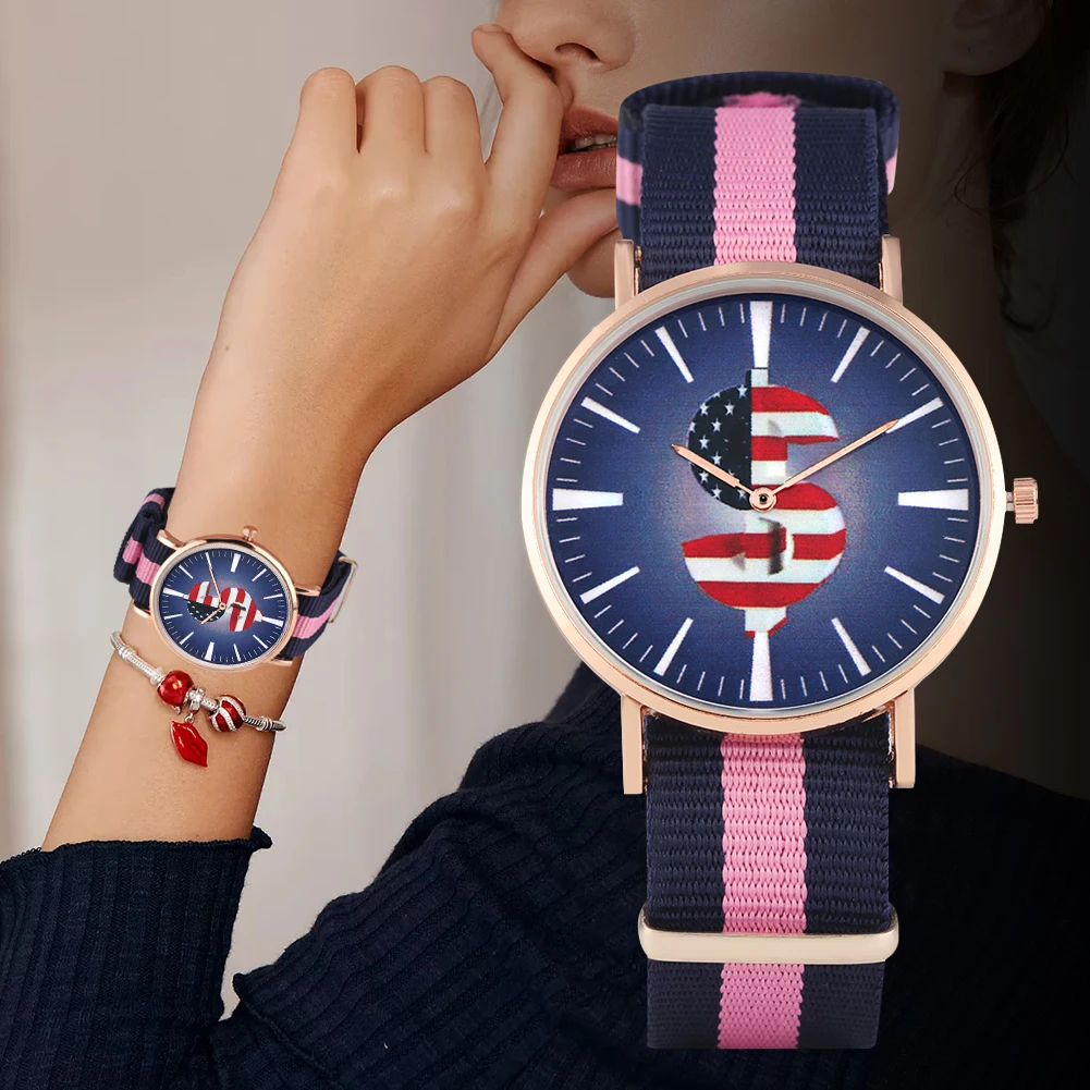 

Women's Rose Golden Case Quartz Watch Charming Dollar Currency Symbol with American Flag Element Watch for Female Nylon Strap