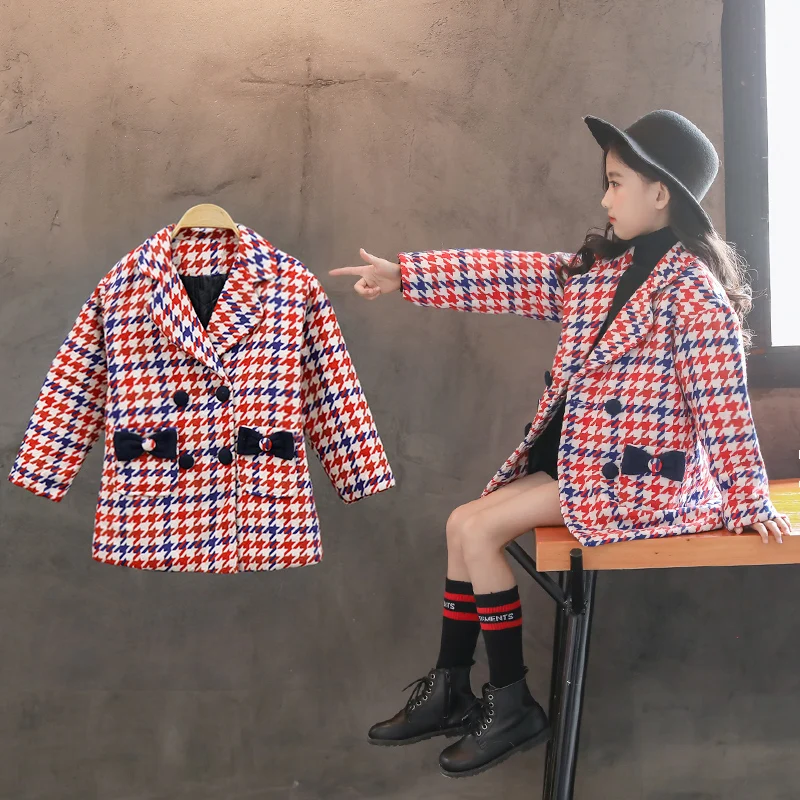 

3-13 years old Girls woolen coat 2019 new spring autum children's Korean fashion Houndstooth double breasted woolen trench