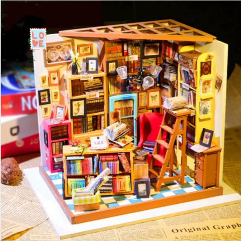 

New Arrival Handmake DIY Doll House The Book Shop Dollhouse Miniature 3D LED Furniture Kit Light Box Best Gift For Children