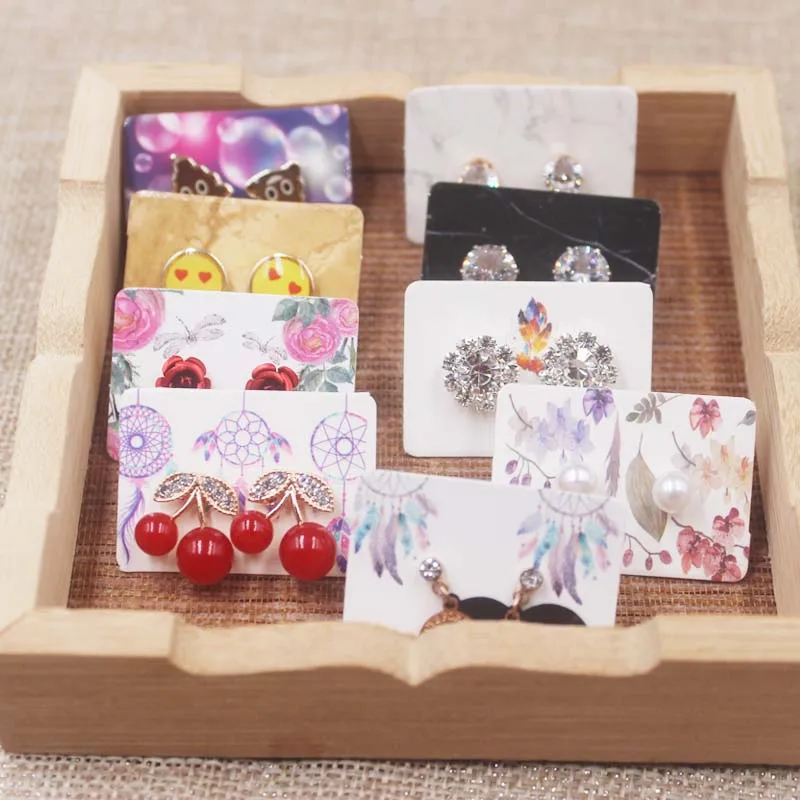 

100pcs /lot 3.5*2.5cm small cute stud earring package tag card paper marbel/flower/dreamcatcher design earring display tag card