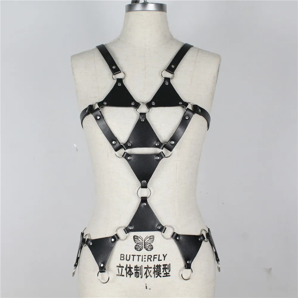

2019 New Triangle Designer Body Bondage Garter Leather Belts For Female Punk Gothic Metal Ring Crop Top Sexy Women Clothing