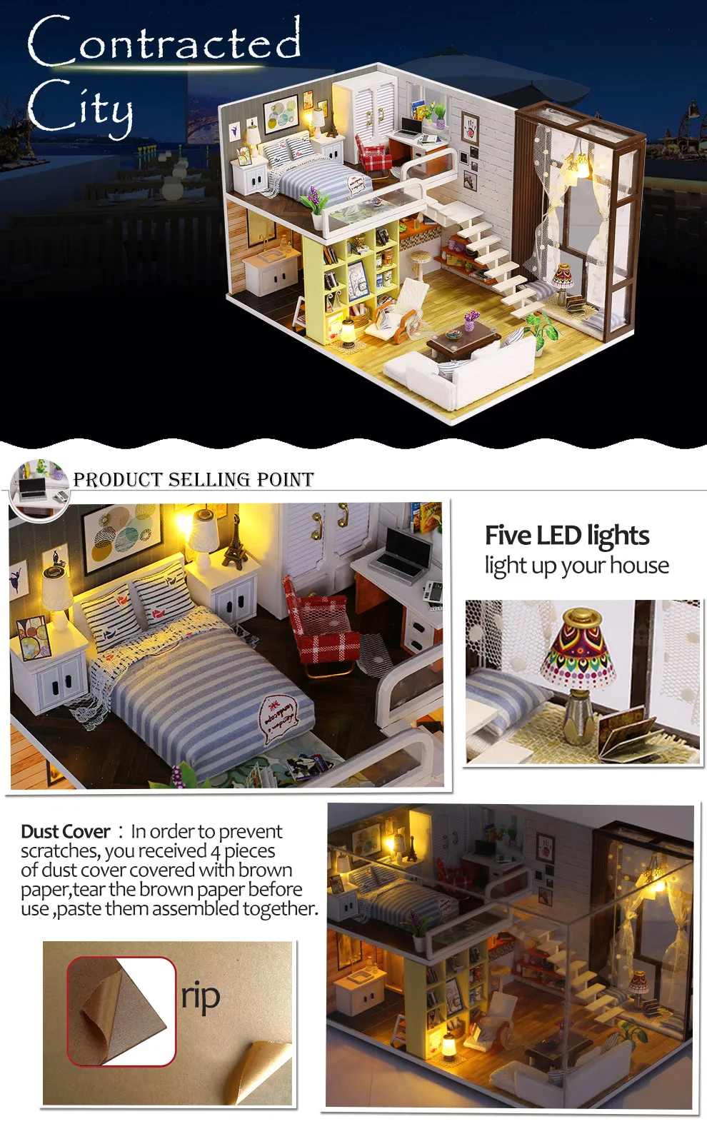 IiE CREATE Dollhouse K028 contract City Miniature DIY Kit с подсветкой и пылезащитным покрытием