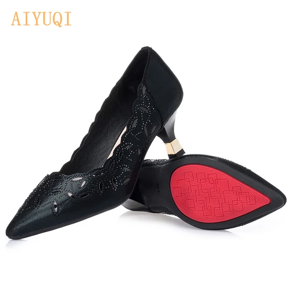 AIYUQI, летняя женская обувь модные босоножки-лодочки с острым носком модельные туфли с вырезами водонепроницаемые мокасины на низком каблуке однотонные свадебные женские туфли на каблуке - Цвет: black
