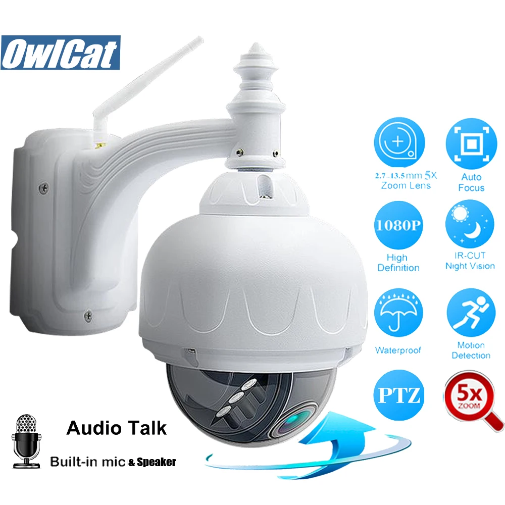 OwlCat HD наружная купольная PTZ IP камера Wi Fi 5 кратный зум Автофокус 2/5MP двухстороннее