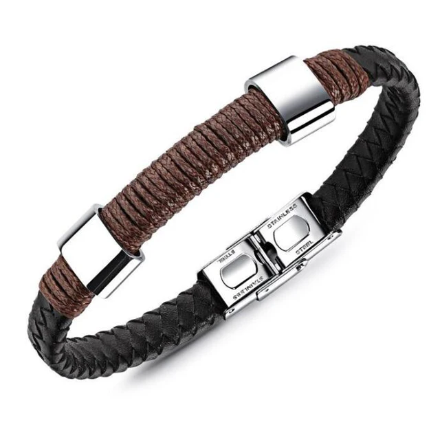 European Men Meaningful Color Matching Black Leather Bracelet Wholesale