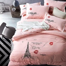 Cute cat cartoon washed cotton fabric duvet cover Embroidery bedding set 4pcs kids bed in bag sheet linen bedclothes pillow case