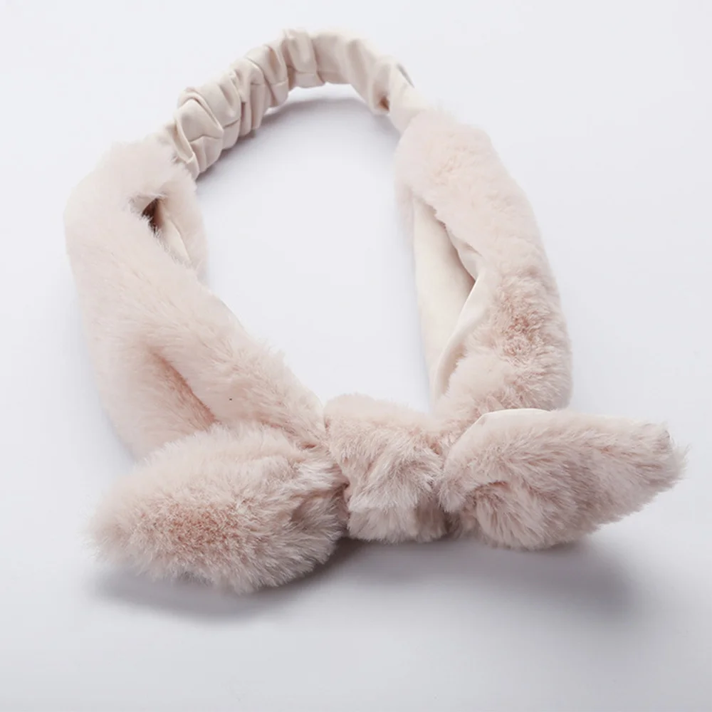 Моющаяся повязка на голову из искусственного кроличьего меха с бантиком или перекрестным узлом; однотонные головные уборы; сезон осень-зима; милые аксессуары для волос - Цвет: Pink Ears