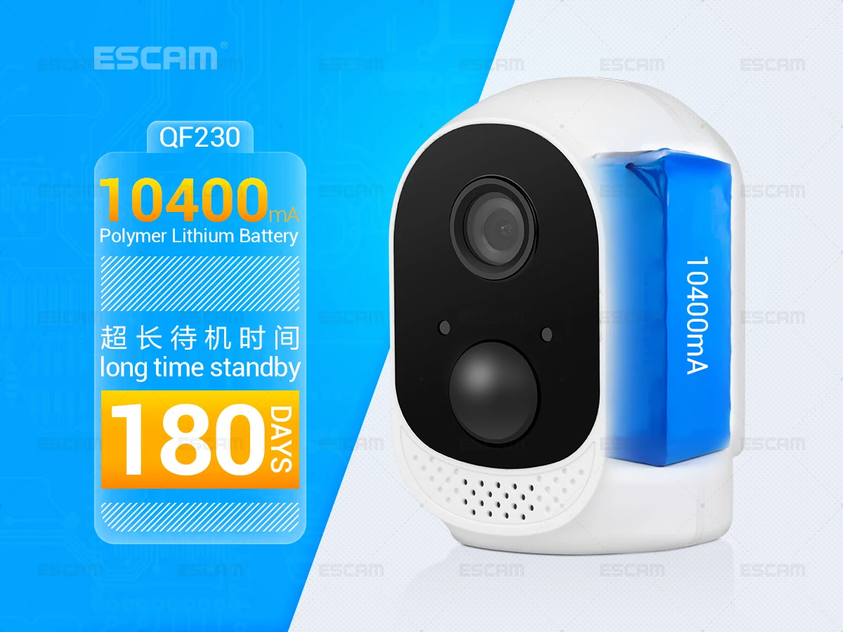 ESCAM QF230 HD 1080P 2MP IP камера безопасности P2P с батареей 10400 мАч wifi ИК PIR сигнализация ночного видения CCTV камера s