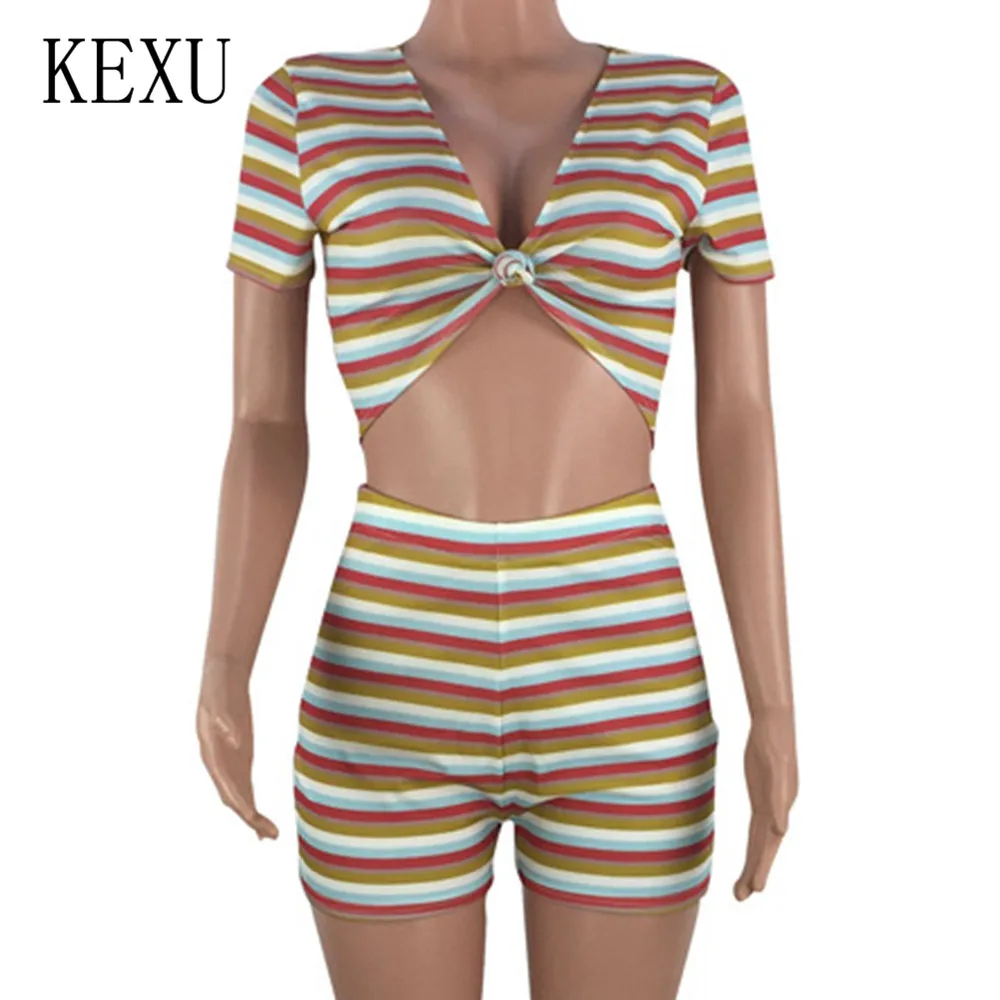 KEXU Sexy Women Stripe Two Pieces Sets Jumpsuits Hollow Out Crop Top and Slim Pants Sets Party Clubwear for Ladies Playsuits KEXU Sexy Women Stripe Two Pieces Sets Jumpsuits Hollow Out Crop Top and Slim Pants Sets Party Clubwear for Ladies Playsuits