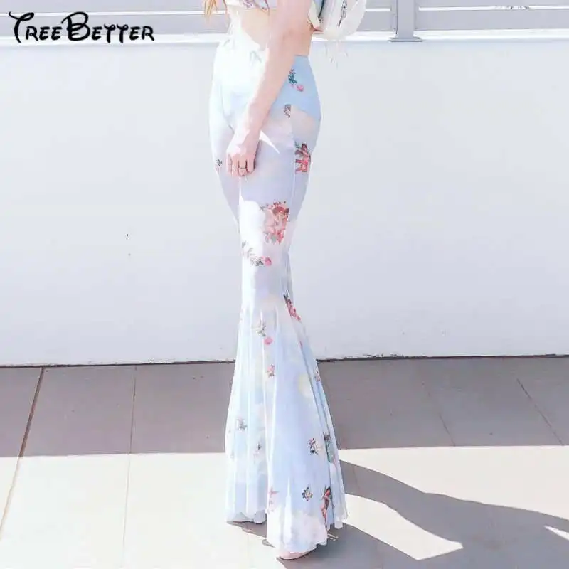 Summer Mesh Double Patchwork 2019 Cupid Printed Bell Female Sense Screen Stitching Casual Long Flare Pants Summer Mesh Double Patchwork 2019 Cupid Printed Bell Female Sense Screen Stitching Casual Long Flare Pants