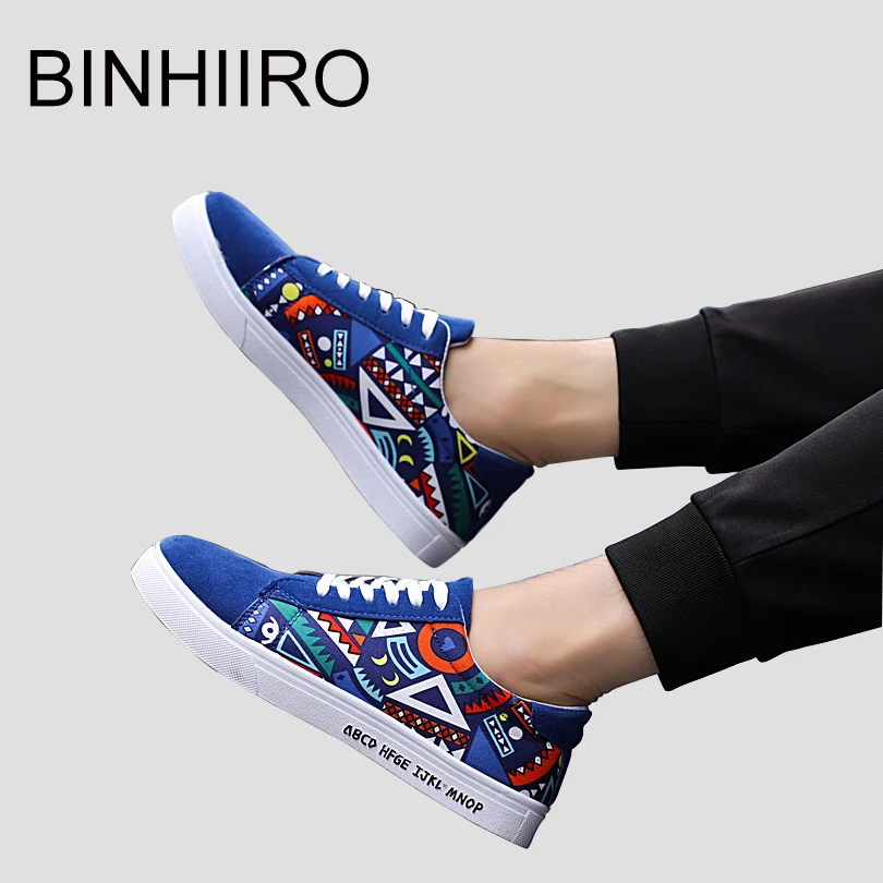 

BINHIIRO 2019 Men's Vulcanize Shoes Print Canvas Fashion Lace-up Rubber Flat Sneakers Spring Autumn Casual Man Shoes BXLH052201