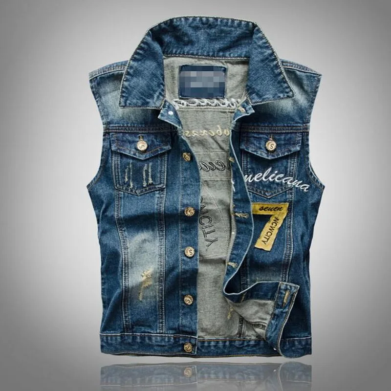 

2019 new Plus Size Men's Denim Vest Brand Men Cowboy Vintage Casual Sleeveless Holes Personalized Men Jacket Overcoat
