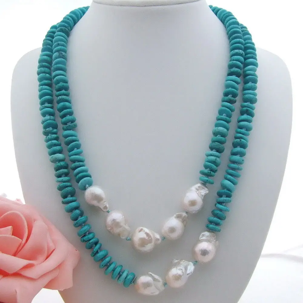 

AB051903 44'' White Keshi Pearl Rondelle Stone Long Necklace