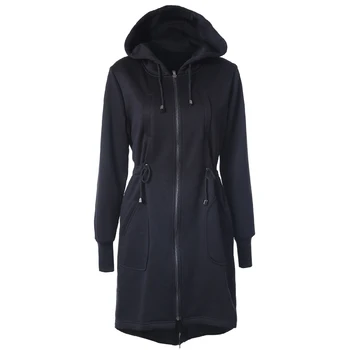 

Lady Fashion Long Hoodies Casual Spring Autumn Long Sleeve Pocket Design Warm Hooded Sweatshirts Sliming Solid Zipper Outerwear