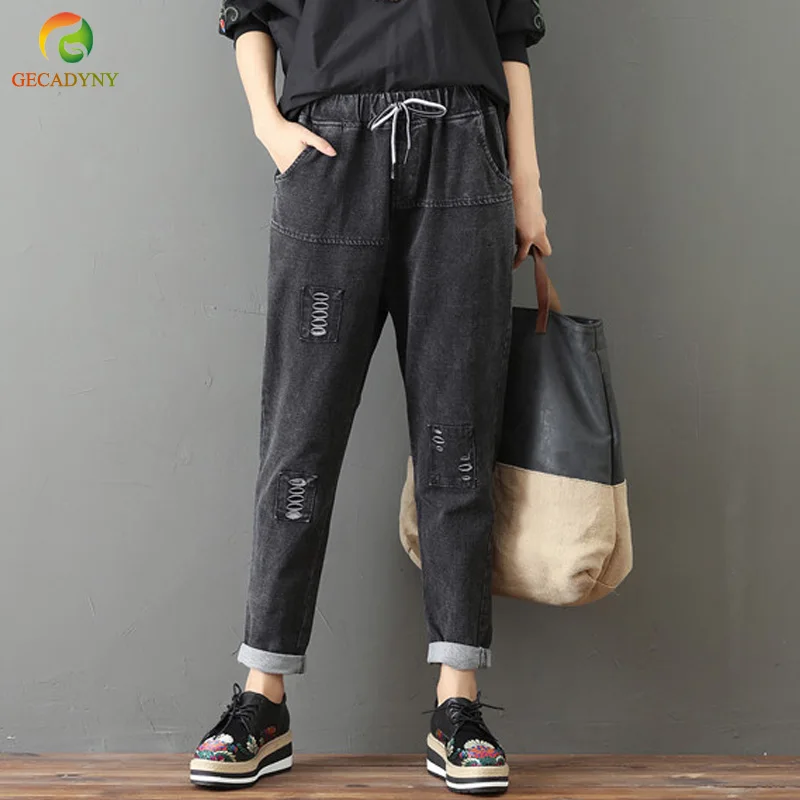 Spring Women Jeans Ankle Length High Waist Elastic Loose