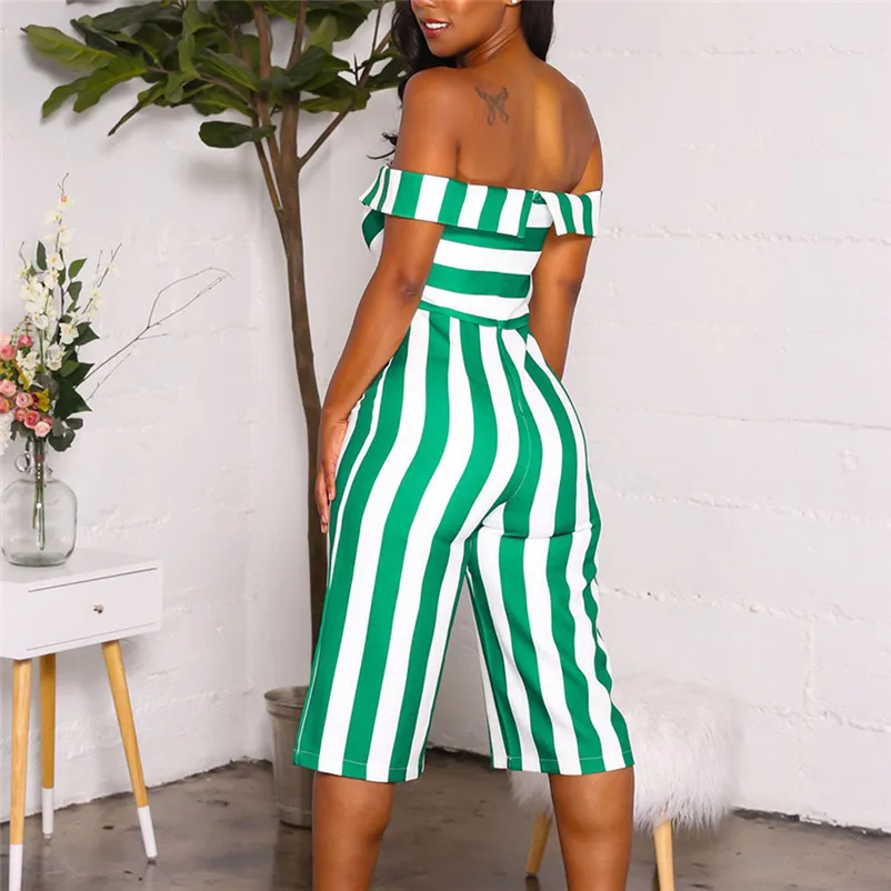 Fashion summer jumpsuit woman 2018 Sexy Off Shoulder V-Neck Striped Printed Strapless Wide-Leg Pants pantaloni siamesi Y12#N (12)
