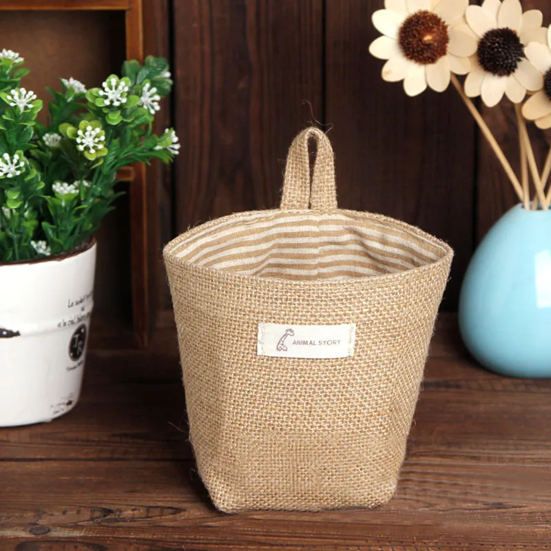 

Stripe Small Storage Sack Cloth Door Hanging Storage Bag Basket Non Woven Pouch Holder Organizer Cosmetic Makeup Container